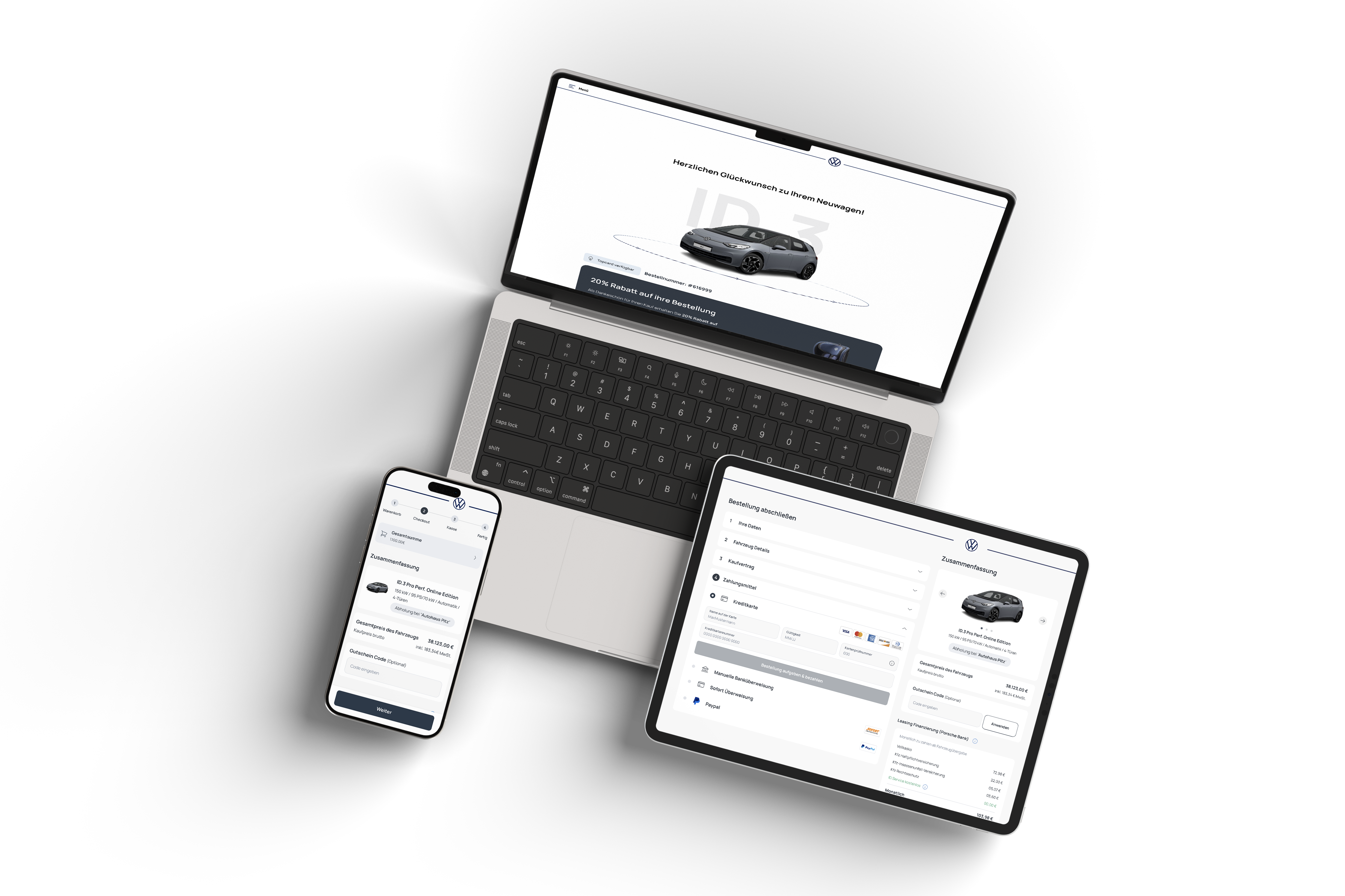 Responsive Porsche Holding checkout designs shown on laptop, tablet and mobile